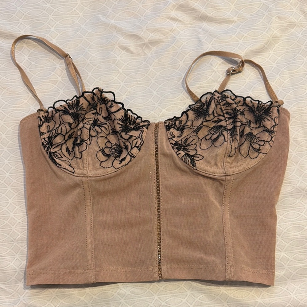 White Fox Boutique Tan Floral Lace Bustier Top
